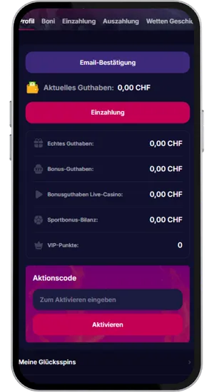 Kontoübersicht mit Guthaben und Aktionscode im NV Casino