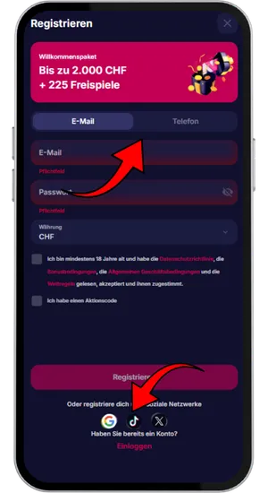 NV Casino Registrierungsmethode wählen per E-Mail oder Social-Login